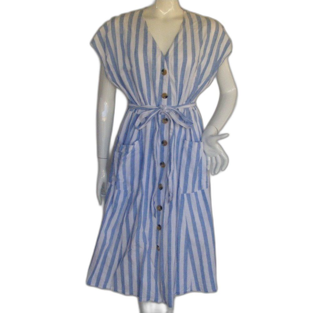 NINA LEONARD Dress, XL, Blue/White stripe, Button front, Cotton-linen, Sash Belt